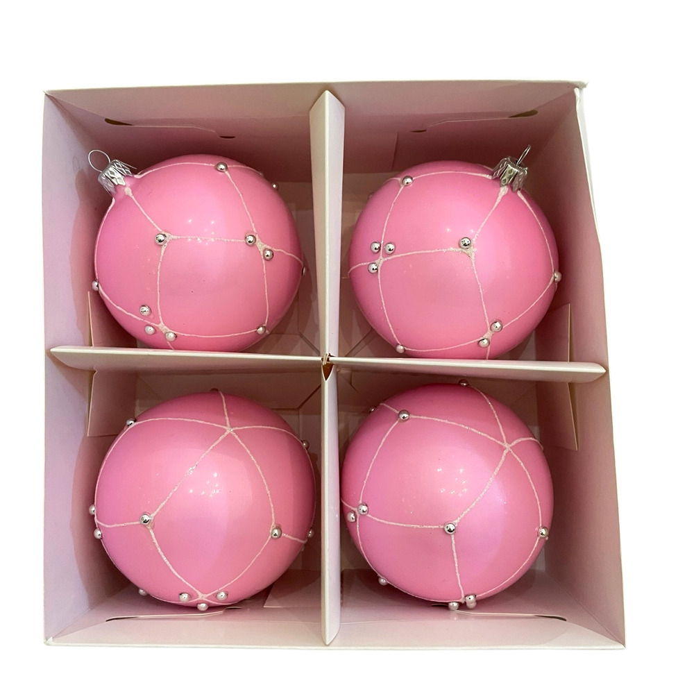 Pink Beaded Christmas Ornaments Handmade In Poland Set of 4 New
